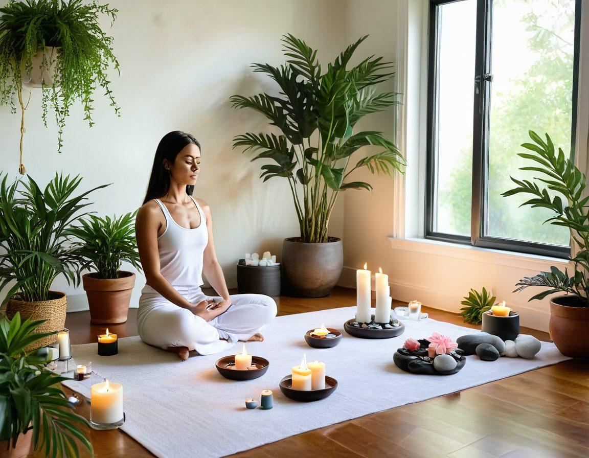 A serene scene depicting a peaceful spa environment with soft candles, lush greenery, and a person meditating peacefully on a yoga mat, surrounded by healing crystals and essential oils. Evoke feelings of tranquility and joy. Include vibrant colors that radiate warmth and positivity. watercolor painting. light pastel background.