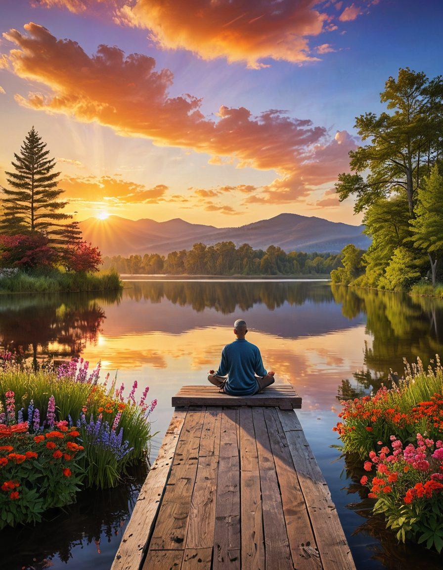 A serene landscape depicting a vibrant sunrise over a tranquil lake, with a person meditating on a wooden dock, surrounded by blooming flowers and chirping birds. Soft rays of sunlight illuminating the scene symbolize joy and happiness. The background showcases rolling hills and gentle trees swaying in the breeze. ideal for conveying the essence of a blissful life journey. super-realistic. vibrant colors. peaceful atmosphere.