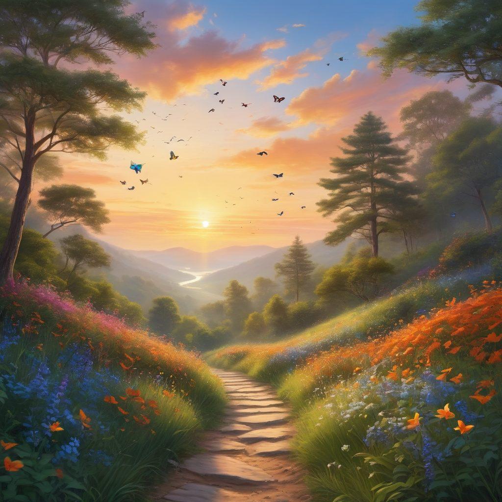 A serene landscape featuring a person meditating on a hillside at sunrise, surrounded by blooming flowers symbolizing growth and positivity. In the background, a soft, glowing path winds through a lush forest, representing the journey to emotional wellness. The sky transitions from warm oranges to calming blues, embodying a peaceful mindset. Elements like butterflies or birds can symbolize freedom and transformation. vibrant colors. super-realistic.